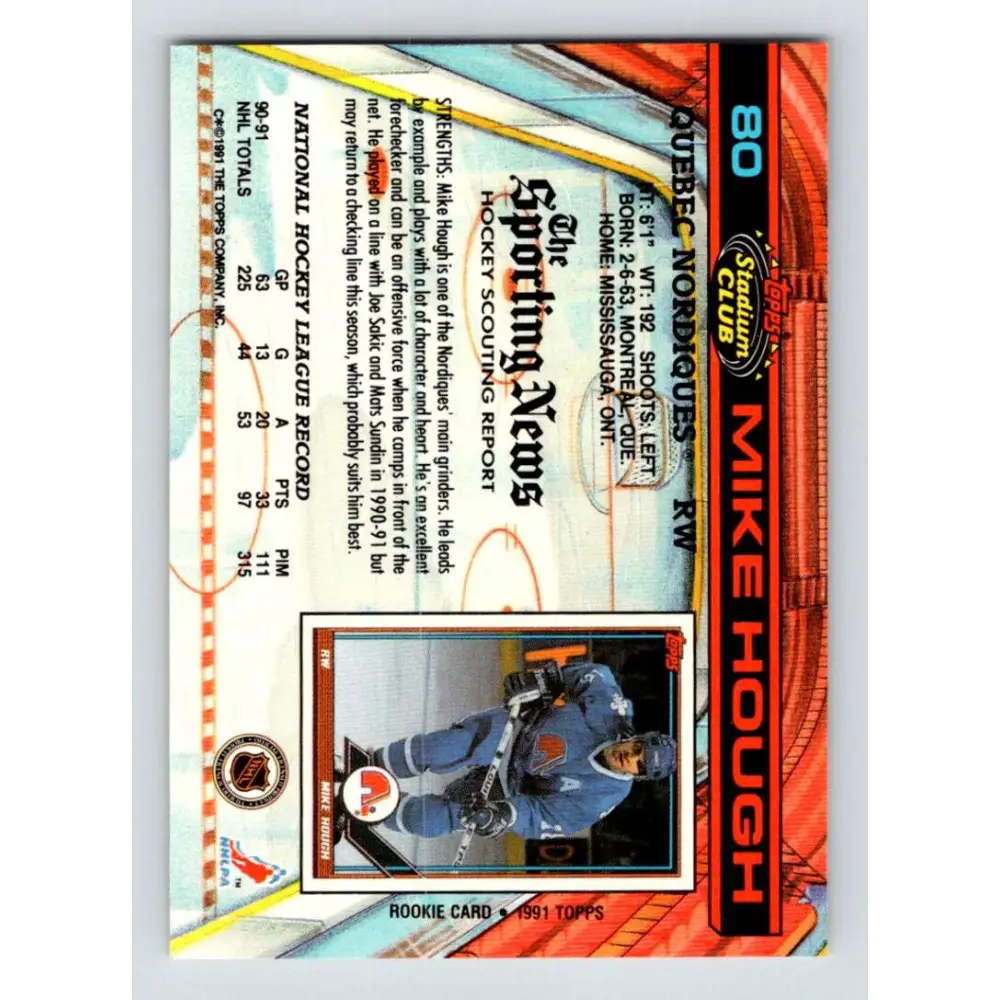 1991-92 Topps Stadium Club #80 Mike Hough NM-MT Quebec Nordiques Hockey Card Image 2