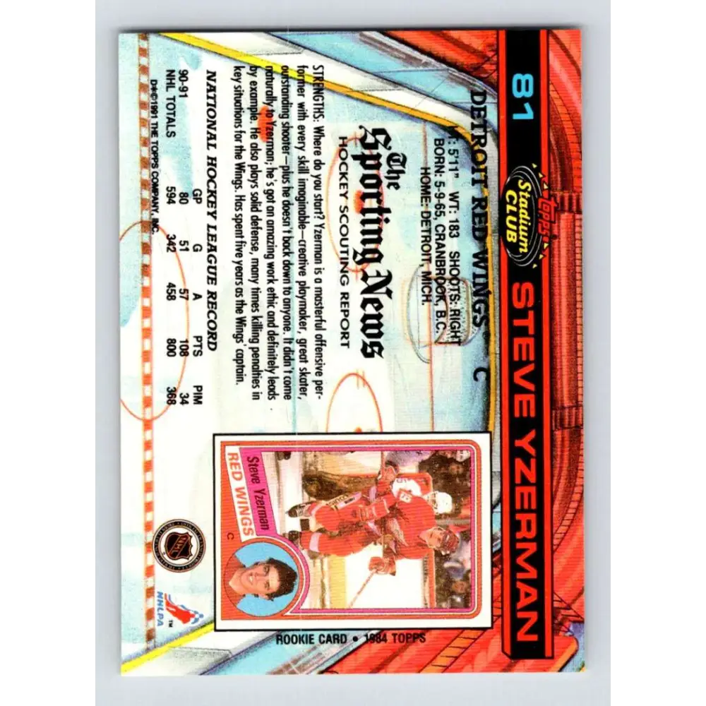 1991-92 Topps Stadium Club #81 Steve Yzerman NM-MT Detroit Red Wings Hockey Card Image 2