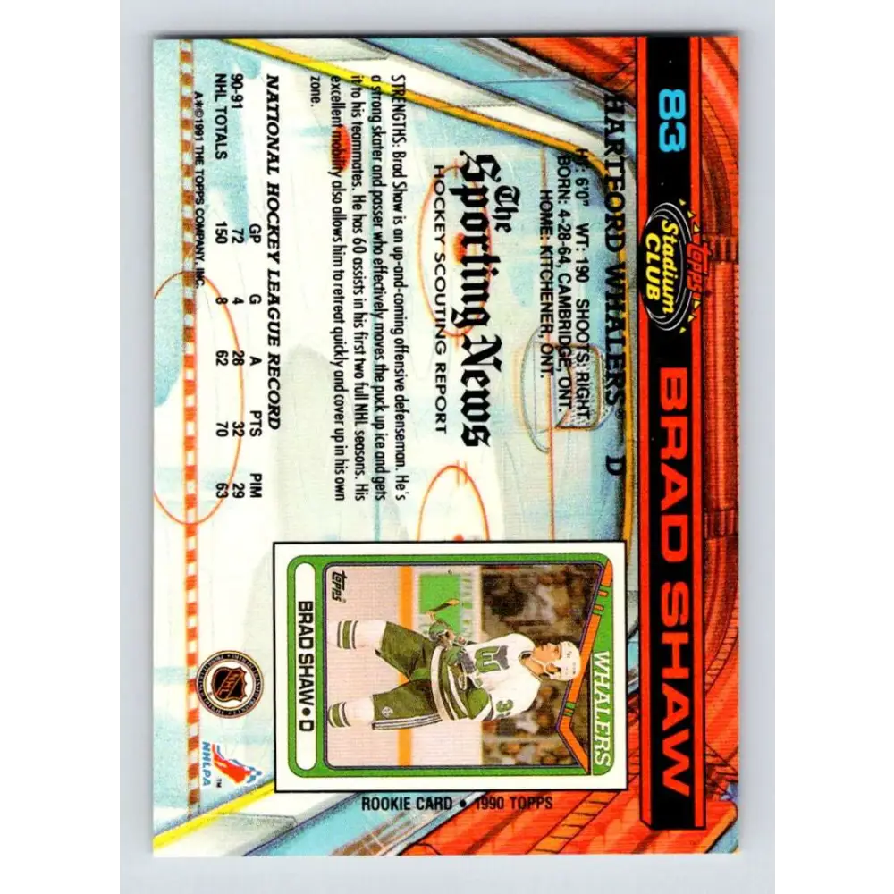 1991-92 Topps Stadium Club #83 Brad Shaw NM-MT Hartford Whalers Hockey Card Image 2