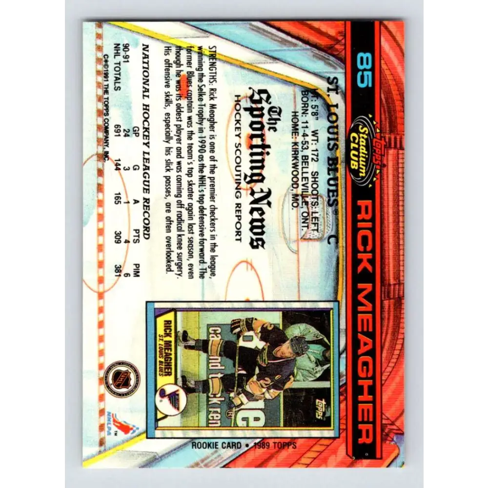 1991-92 Topps Stadium Club #85 Rick Meagher NM-MT St. Louis Blues Hockey Card Image 2