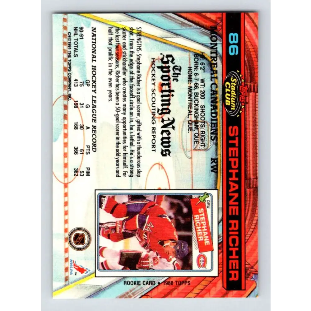 1991-92 Topps Stadium Club #86 Stephane Richer NM-MT Montreal Canadiens Hockey Card Image 2