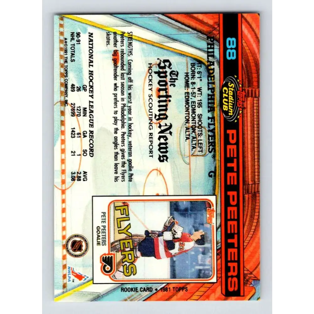 1991-92 Topps Stadium Club #88 Pete Peeters NM-MT Philadelphia Flyers Hockey Card Image 2