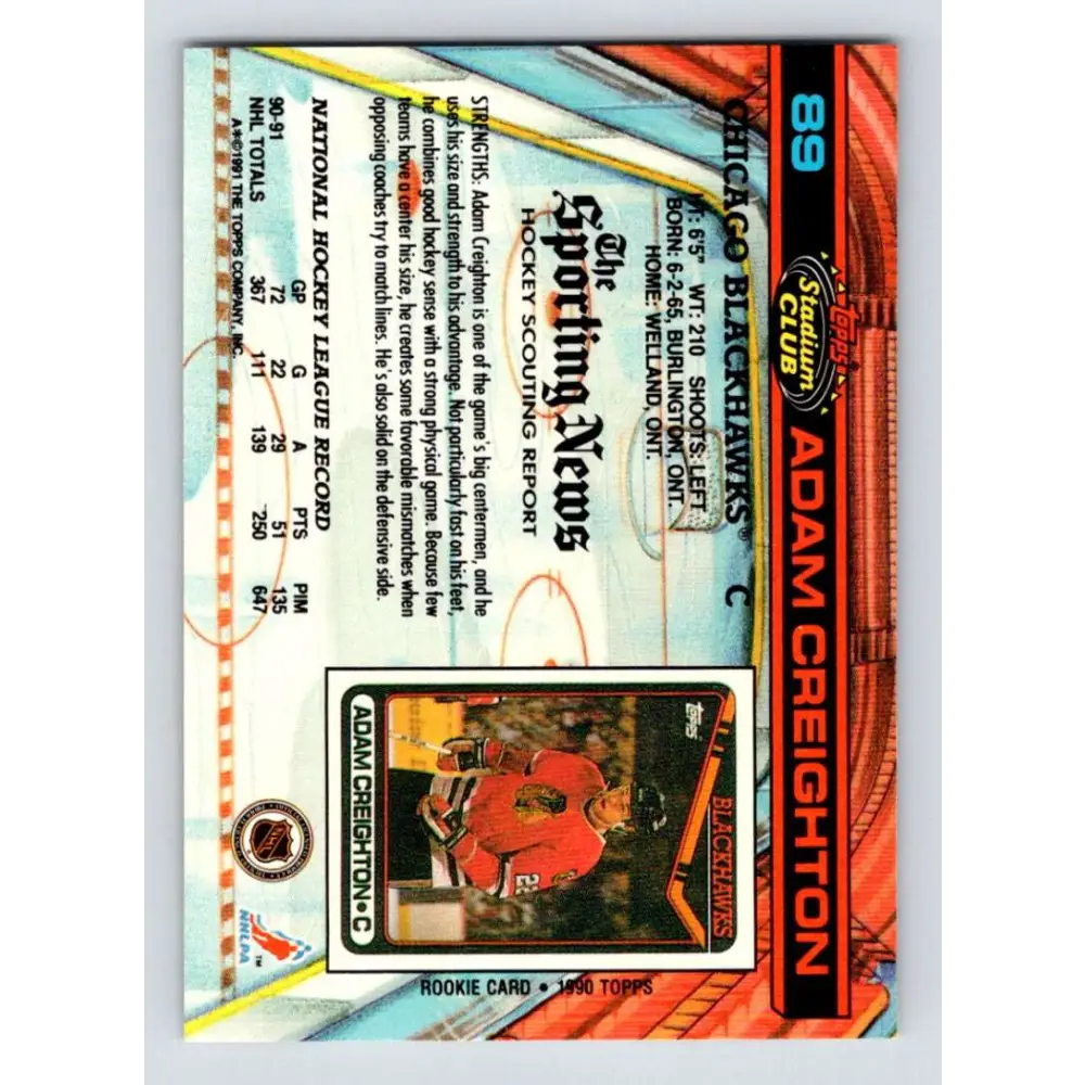 1991-92 Topps Stadium Club #89 Adam Creighton NM-MT Chicago Blackhawks Hockey Card Image 2