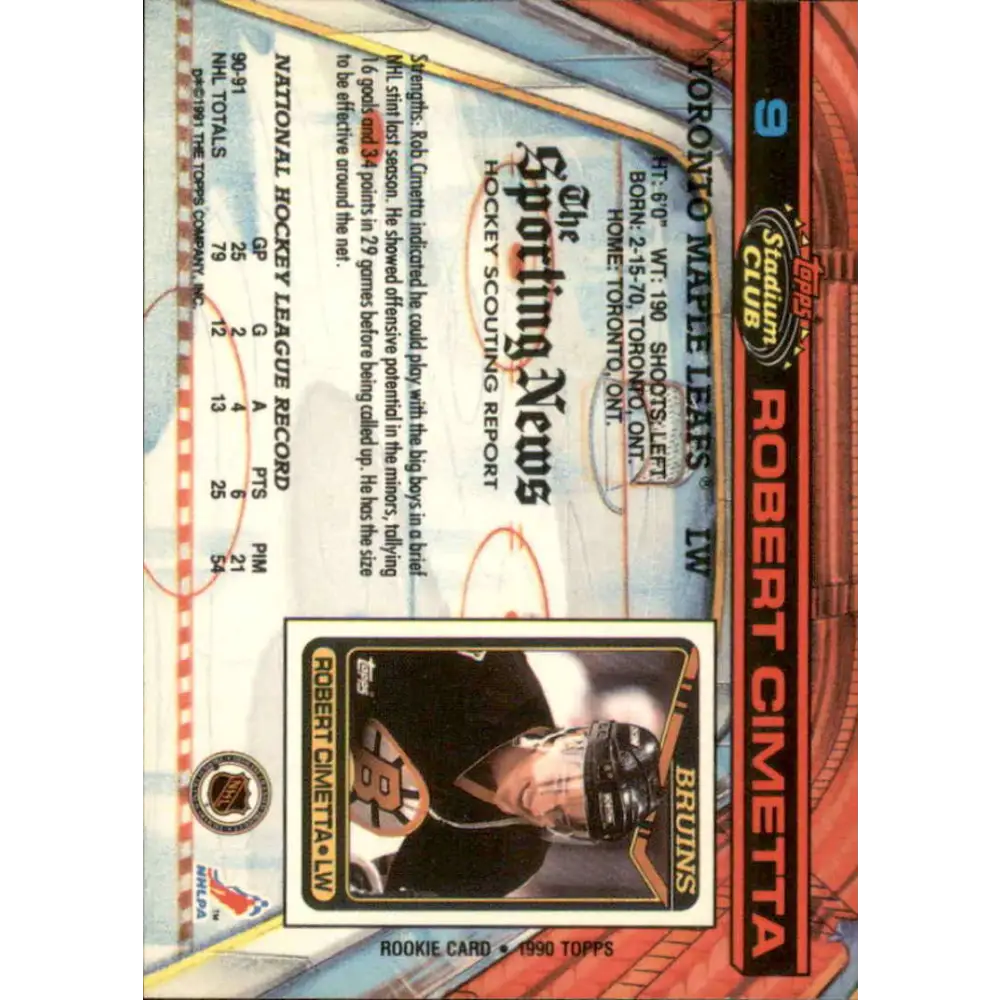 1991-92 Topps Stadium Club #9 Rob Cimetta NM-MT Toronto Maple Leafs Hockey Card Image 2