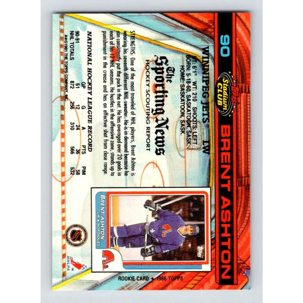 1991-92 Topps Stadium Club #90 Brent Ashton NM-MT Winnipeg Jets Hockey Card Image 2