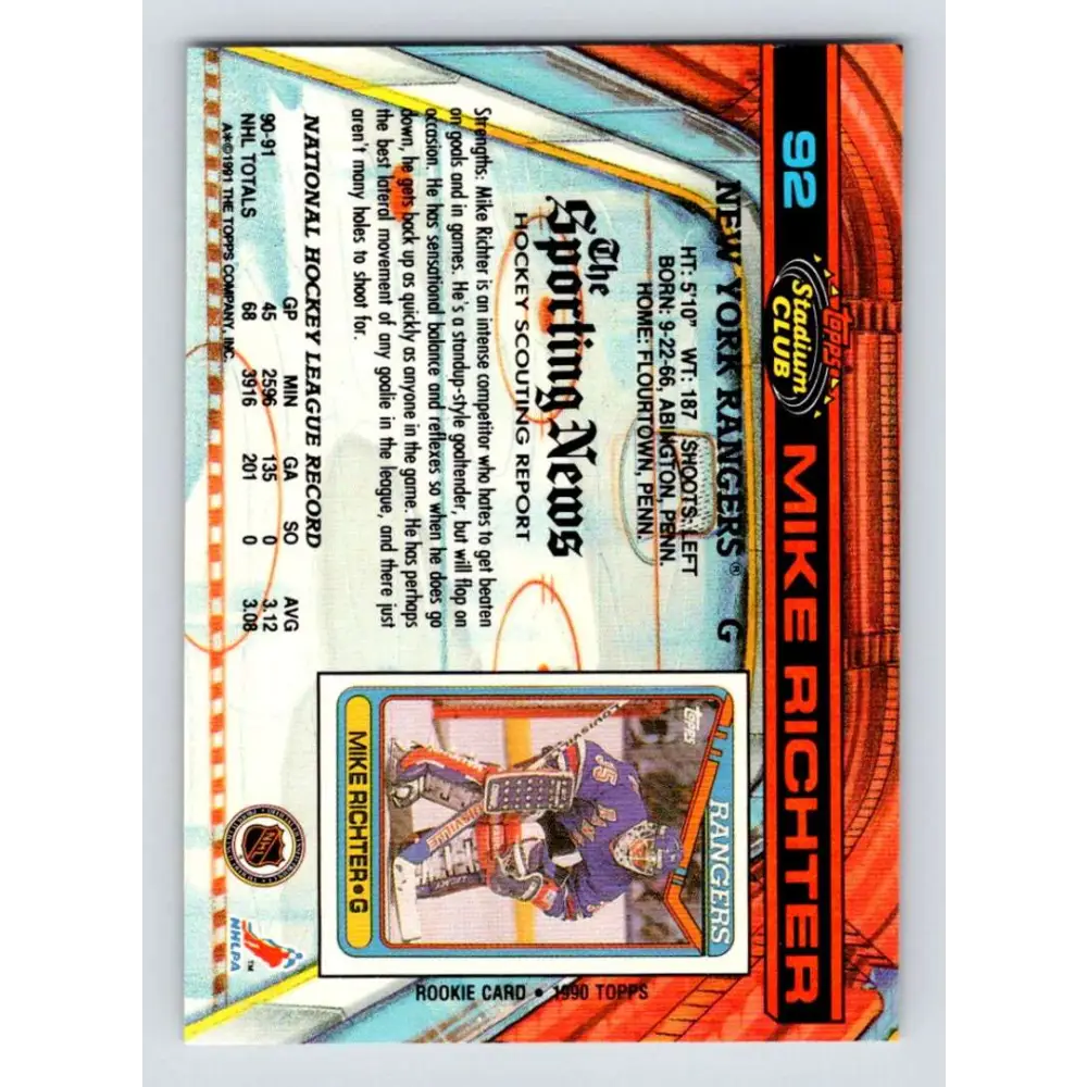 1991-92 Topps Stadium Club #92 Mike Richter NM-MT New York Rangers Hockey Card Image 2