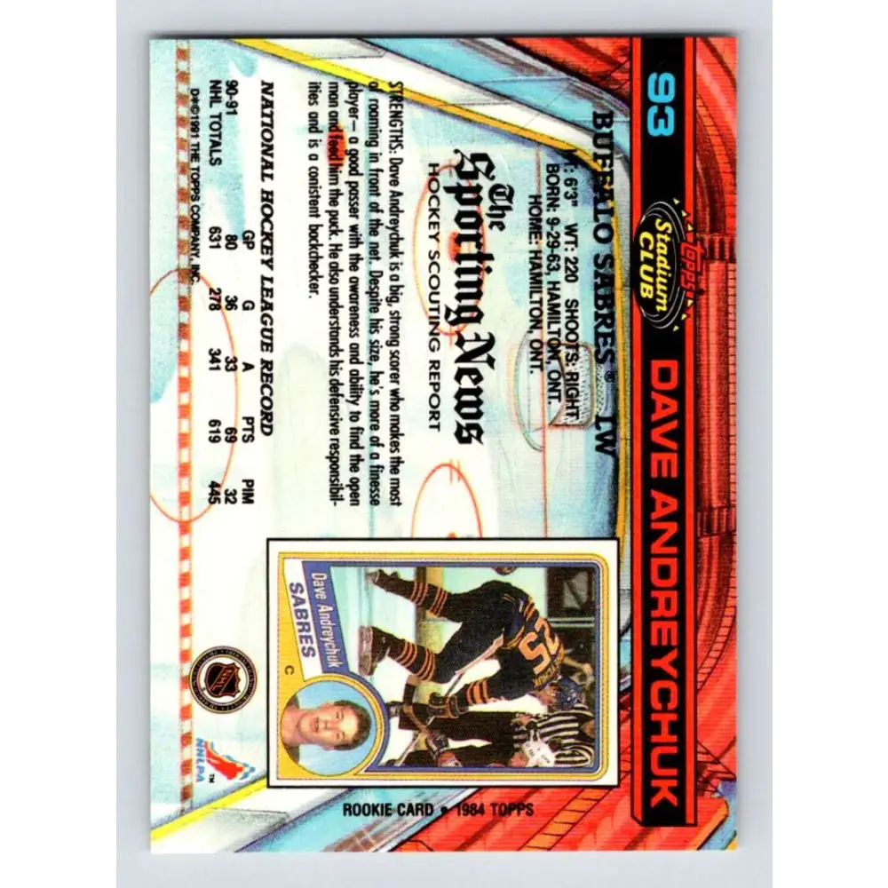 1991-92 Topps Stadium Club #93 Dave Andreychuk NM-MT Buffalo Sabres Hockey Card Image 2