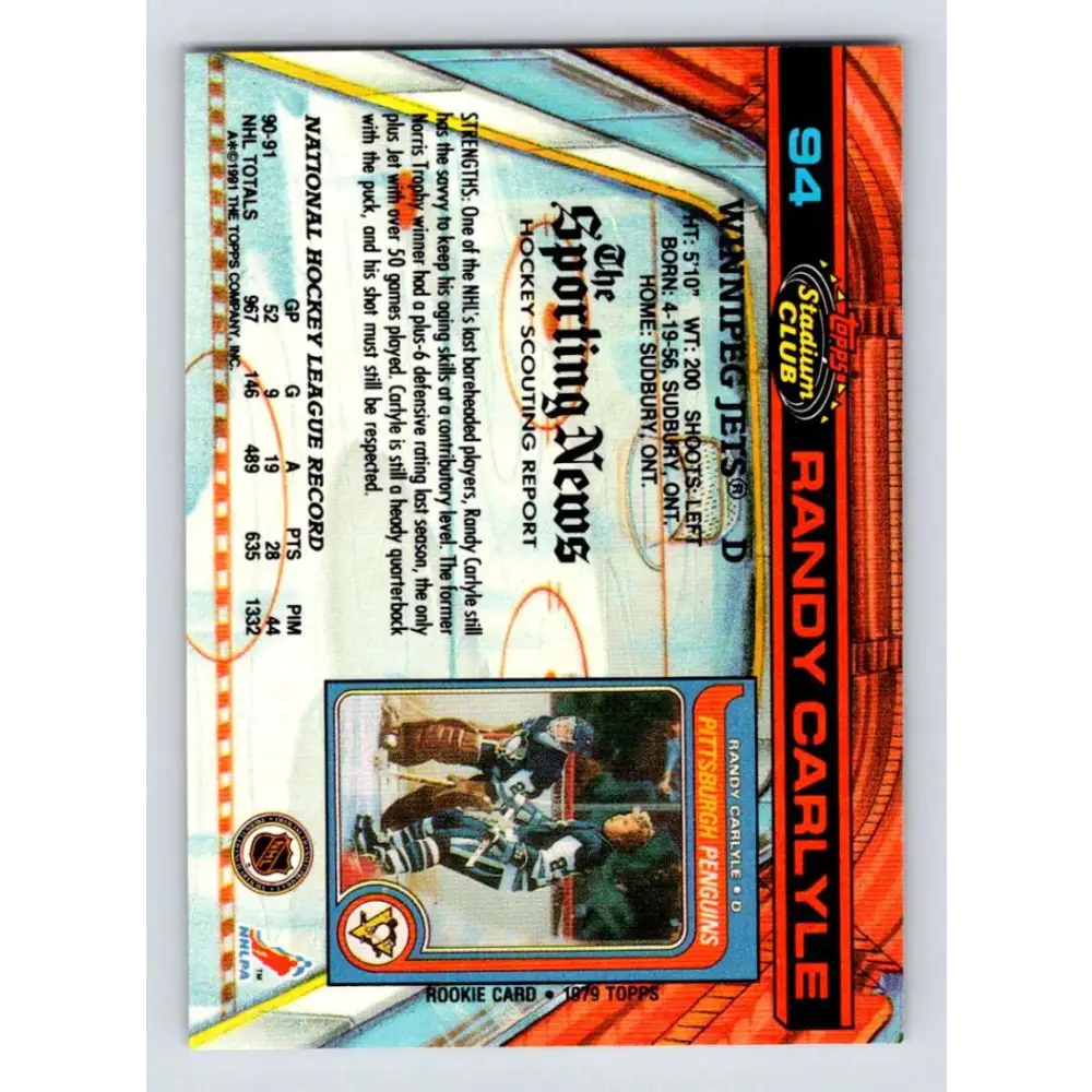 1991-92 Topps Stadium Club #94 Randy Carlyle NM-MT Winnipeg Jets Hockey Card Image 2