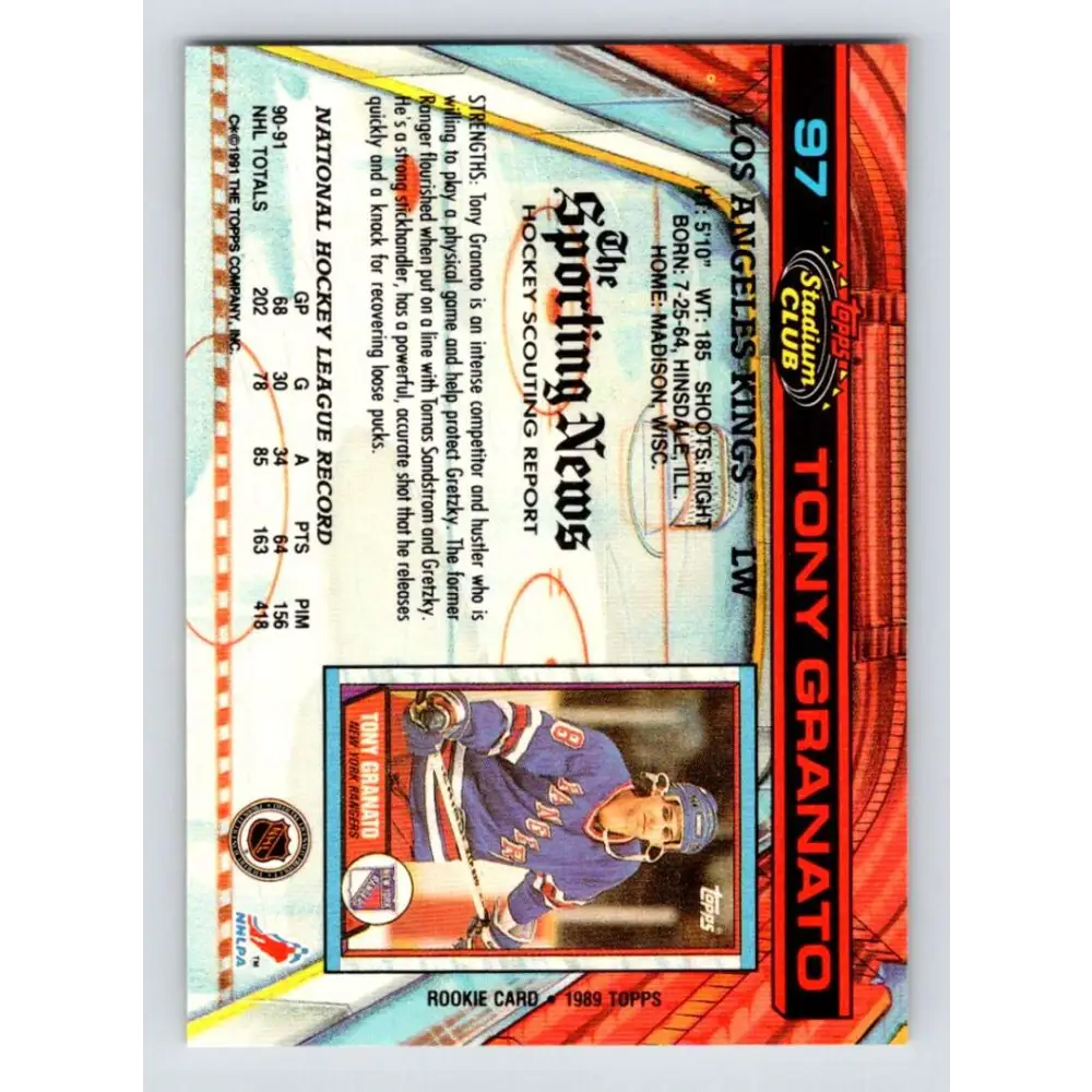 1991-92 Topps Stadium Club #97 Tony Granato NM-MT Los Angeles Kings Hockey Card Image 2