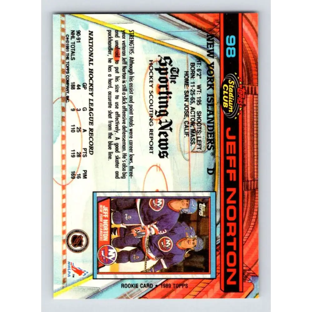 1991-92 Topps Stadium Club #98 Jeff Norton NM-MT New York Islanders Hockey Card Image 2
