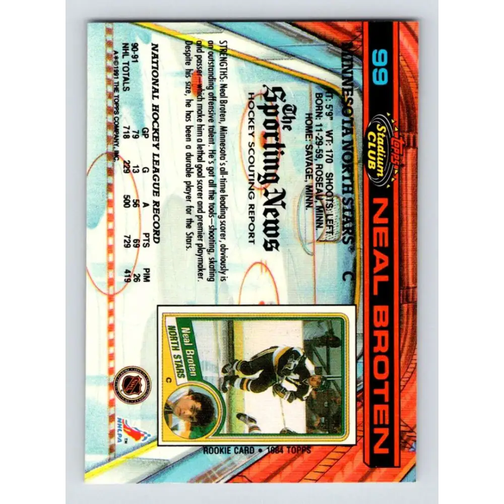 1991-92 Topps Stadium Club #99 Neal Broten NM-MT Minnesota North Stars Hockey Card Image 2