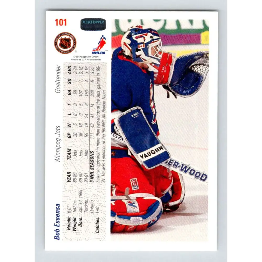 1991-92 Upper Deck #101 Bob Essensa NM-MT Winnipeg Jets Hockey Card Image 2