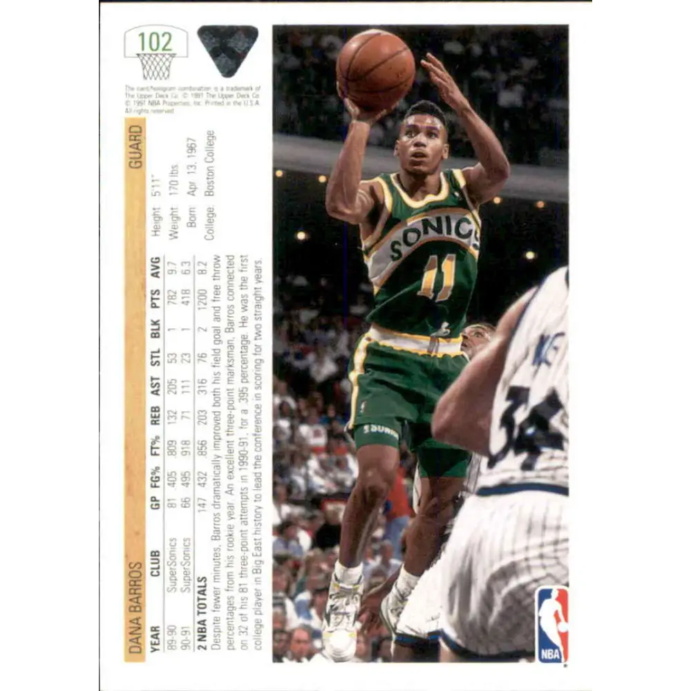 1991-92 Upper Deck #102 Dana Barros NM-MT Seattle SuperSonics Basketball Card Image 2