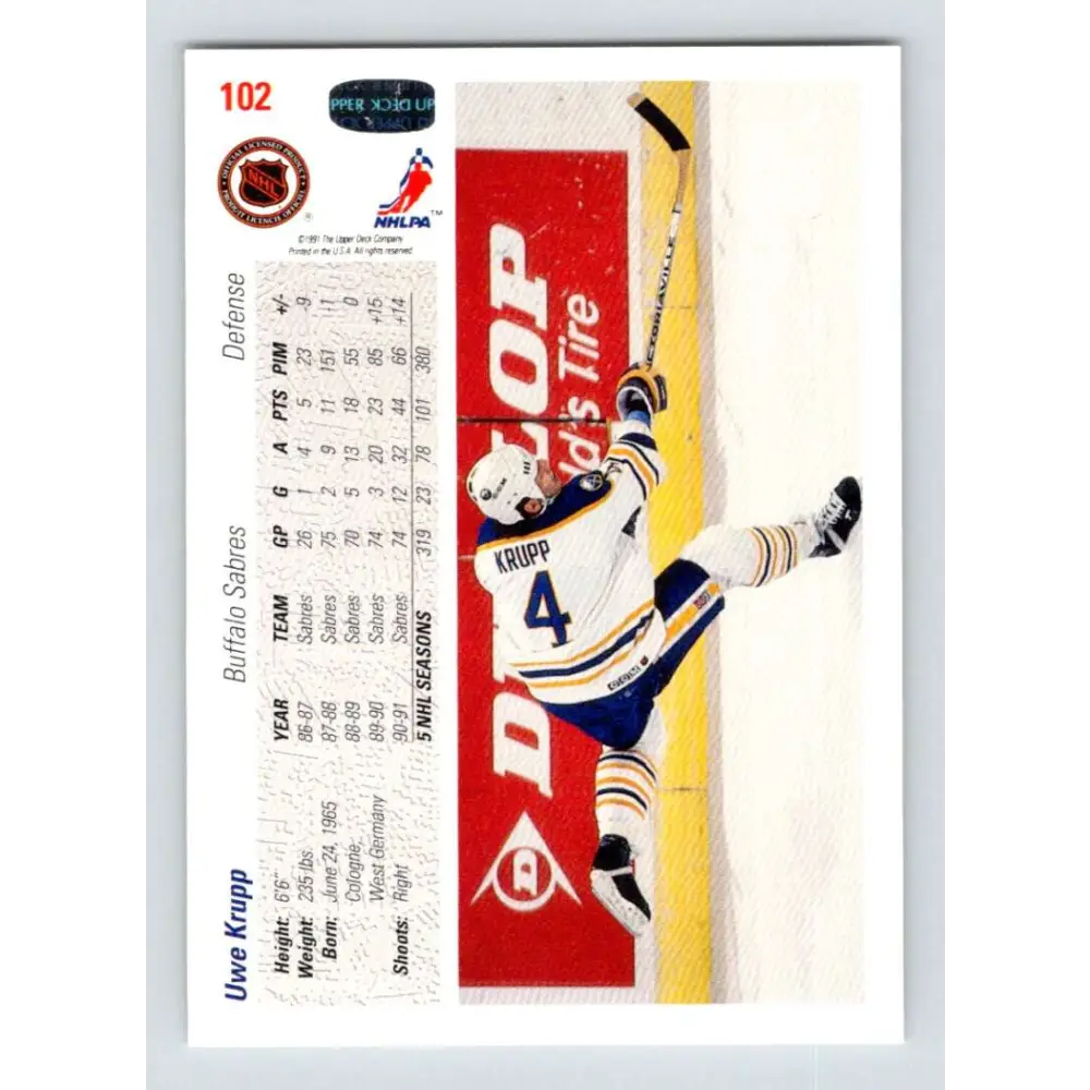 1991-92 Upper Deck #102 Uwe Krupp NM-MT Hockey Card Image 2