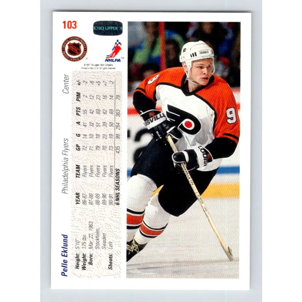 1991-92 Upper Deck #103 Pelle Eklund NM-MT Philadelphia Flyers Hockey Card Image 2