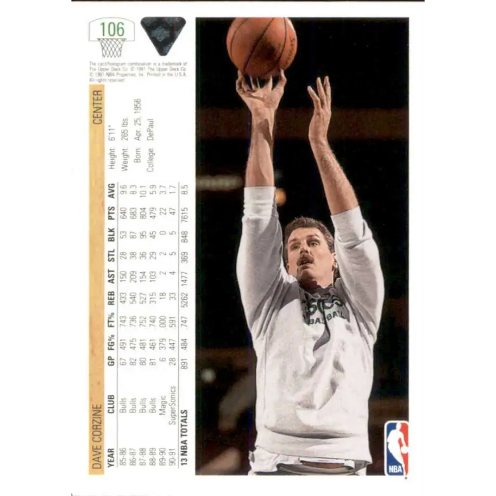 1991-92 Upper Deck #106 Dave Corzine NM-MT Seattle SuperSonics Basketball Card Image 2