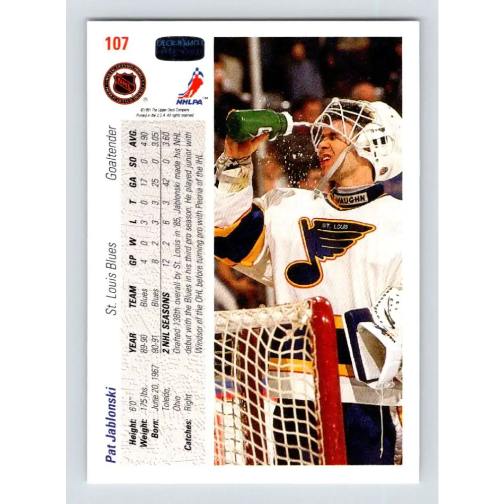 1991-92 Upper Deck #107 Pat Jablonski NM-MT RC Rookie St. Louis Blues Hockey Card Image 2