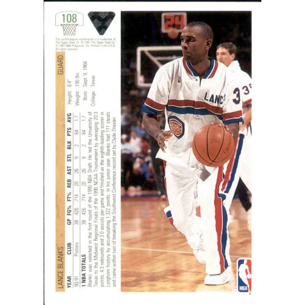 1991-92 Upper Deck #108 Lance Blanks NM-MT Detroit Pistons Basketball Card Image 2