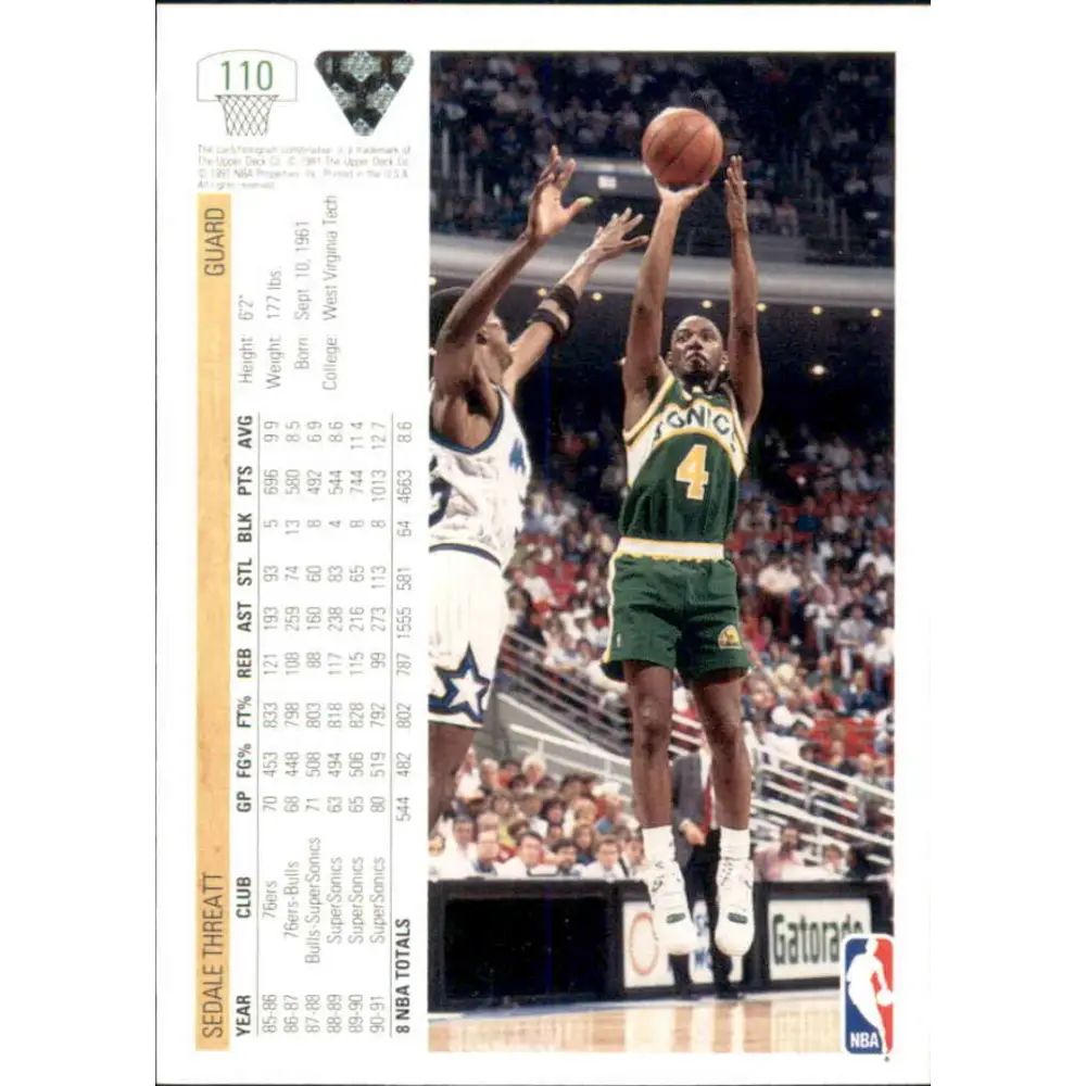 1991-92 Upper Deck #110 Sedale Threatt NM-MT Seattle SuperSonics Basketball Card Image 2