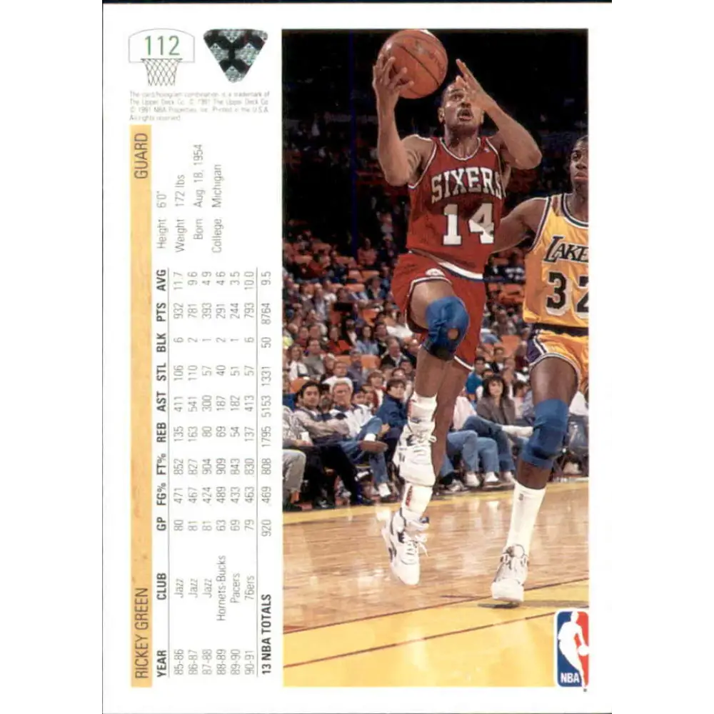 1991-92 Upper Deck #112 Rickey Green NM-MT Philadelphia 76ers Basketball Card Image 2