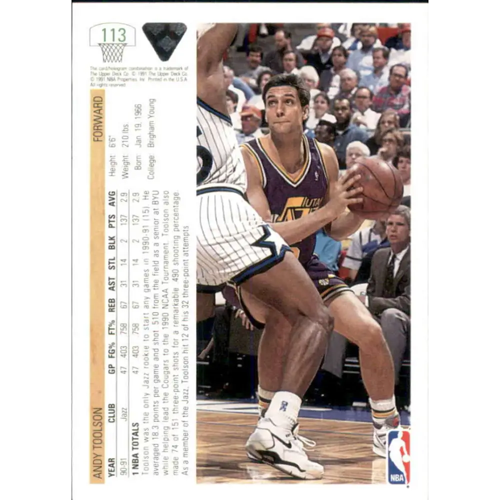 1991-92 Upper Deck #113 Andy Toolson NM-MT Utah Jazz Basketball Card Image 2