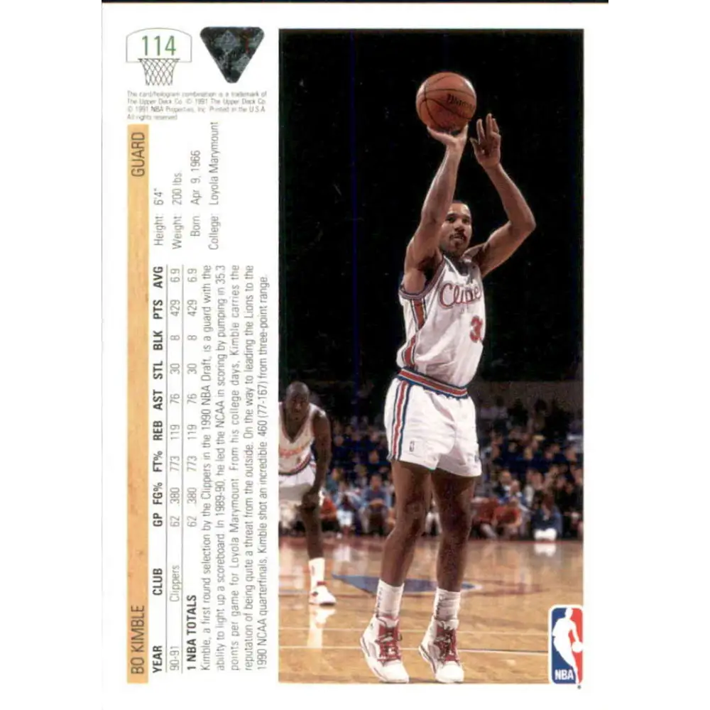 1991-92 Upper Deck #114 Bo Kimble NM-MT Los Angeles Clippers Basketball Card Image 2