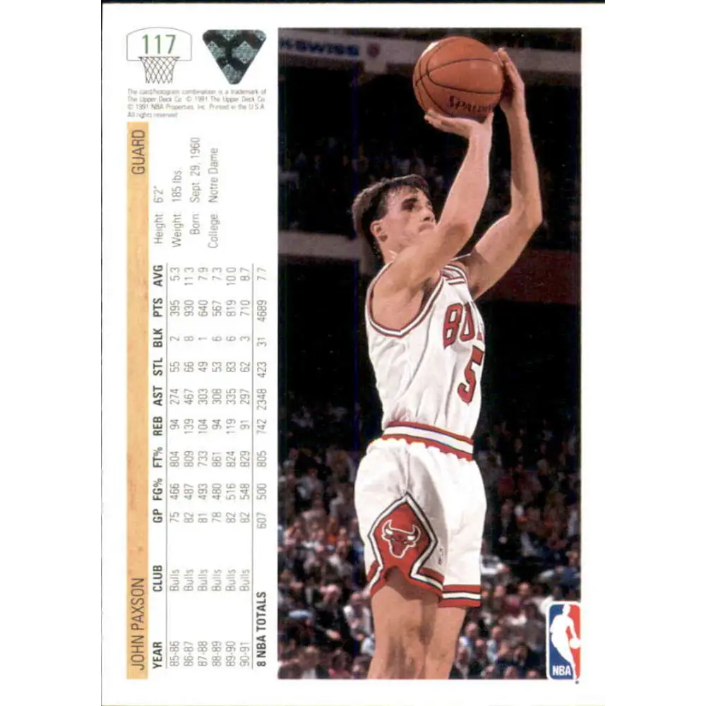 1991-92 Upper Deck #117 John Paxson NM-MT Chicago Bulls Basketball Card Image 2