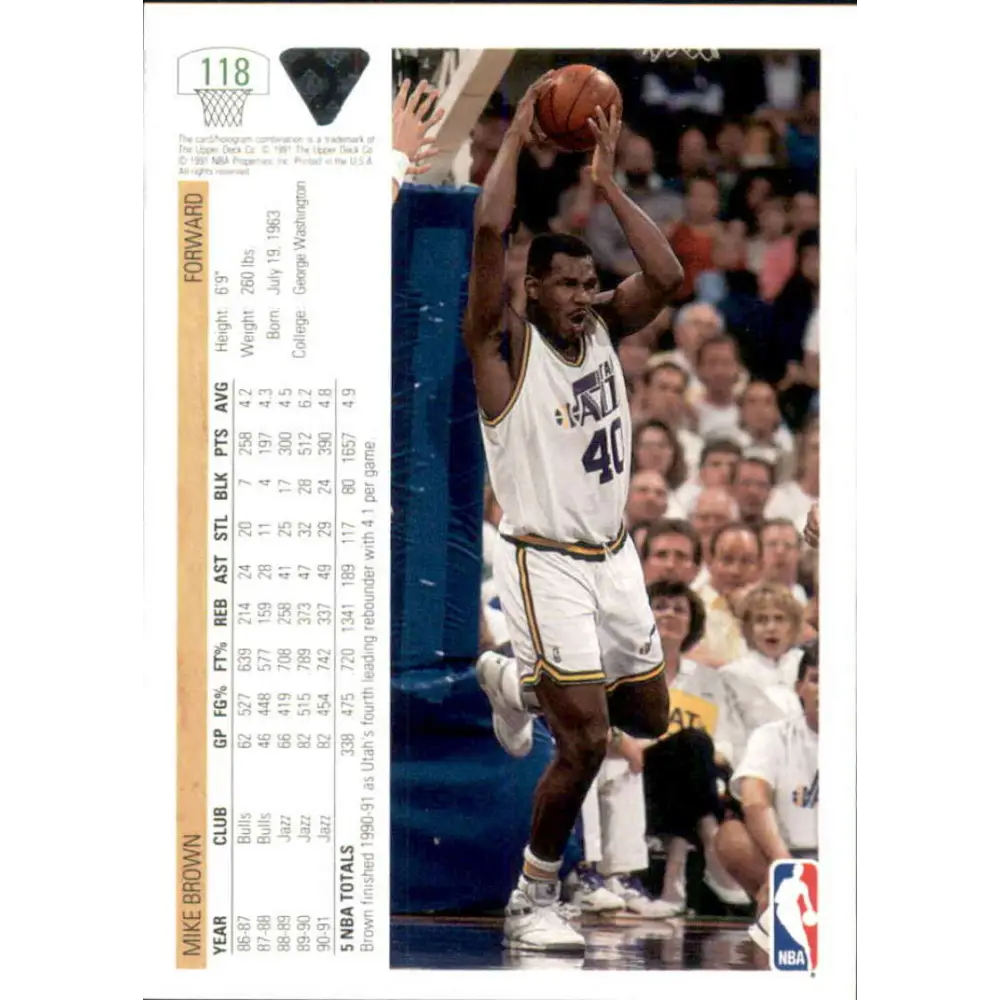 1991-92 Upper Deck #118 Mike Brown NM-MT Utah Jazz Basketball Card Image 2