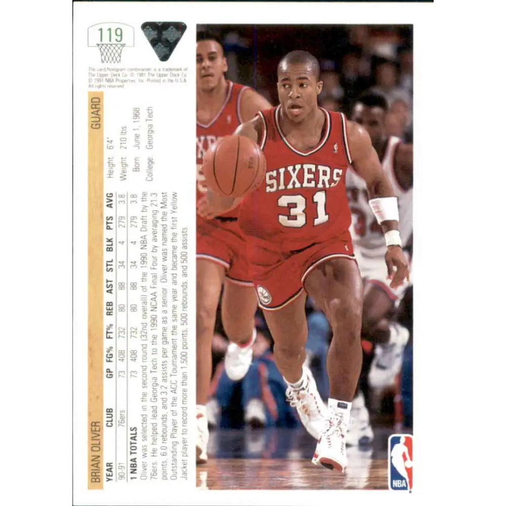 1991-92 Upper Deck #119 Brian Oliver NM-MT Philadelphia 76ers Basketball Card Image 2