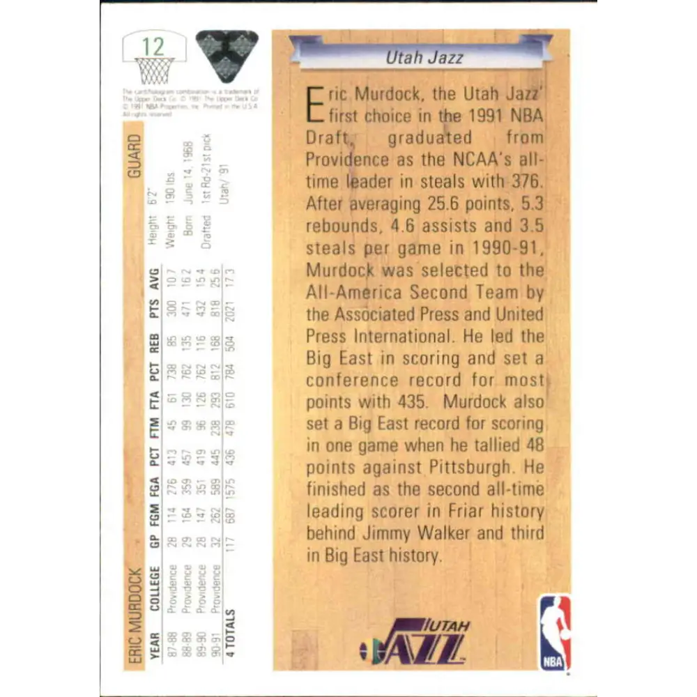 1991-92 Upper Deck #12 Eric Murdock NM-MT RC Rookie Utah Jazz Basketball Card Image 2