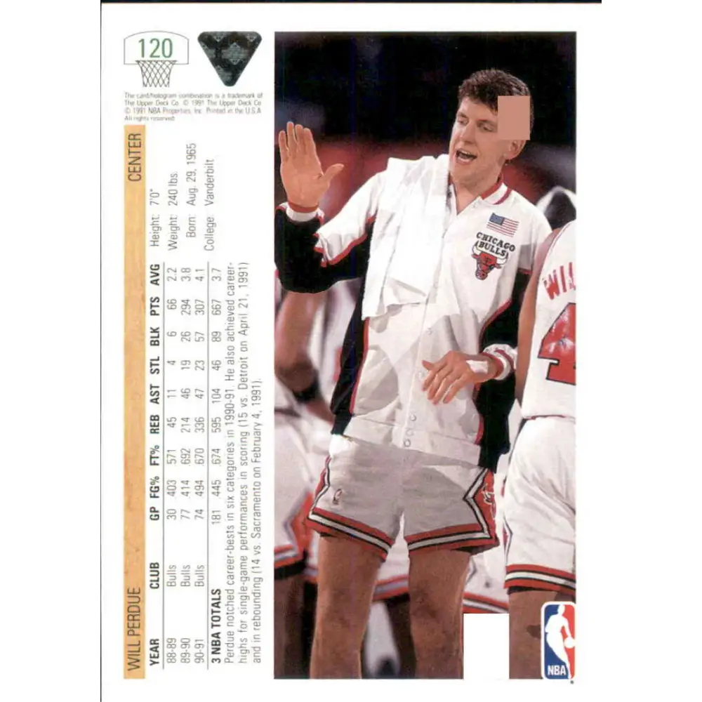 1991-92 Upper Deck #120 Will Perdue NM-MT Chicago Bulls Basketball Card Image 2