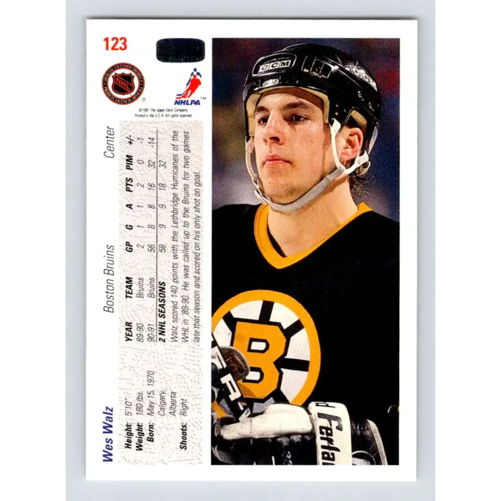 1991-92 Upper Deck #123 Wes Walz NM-MT Boston Bruins Hockey Card Image 2
