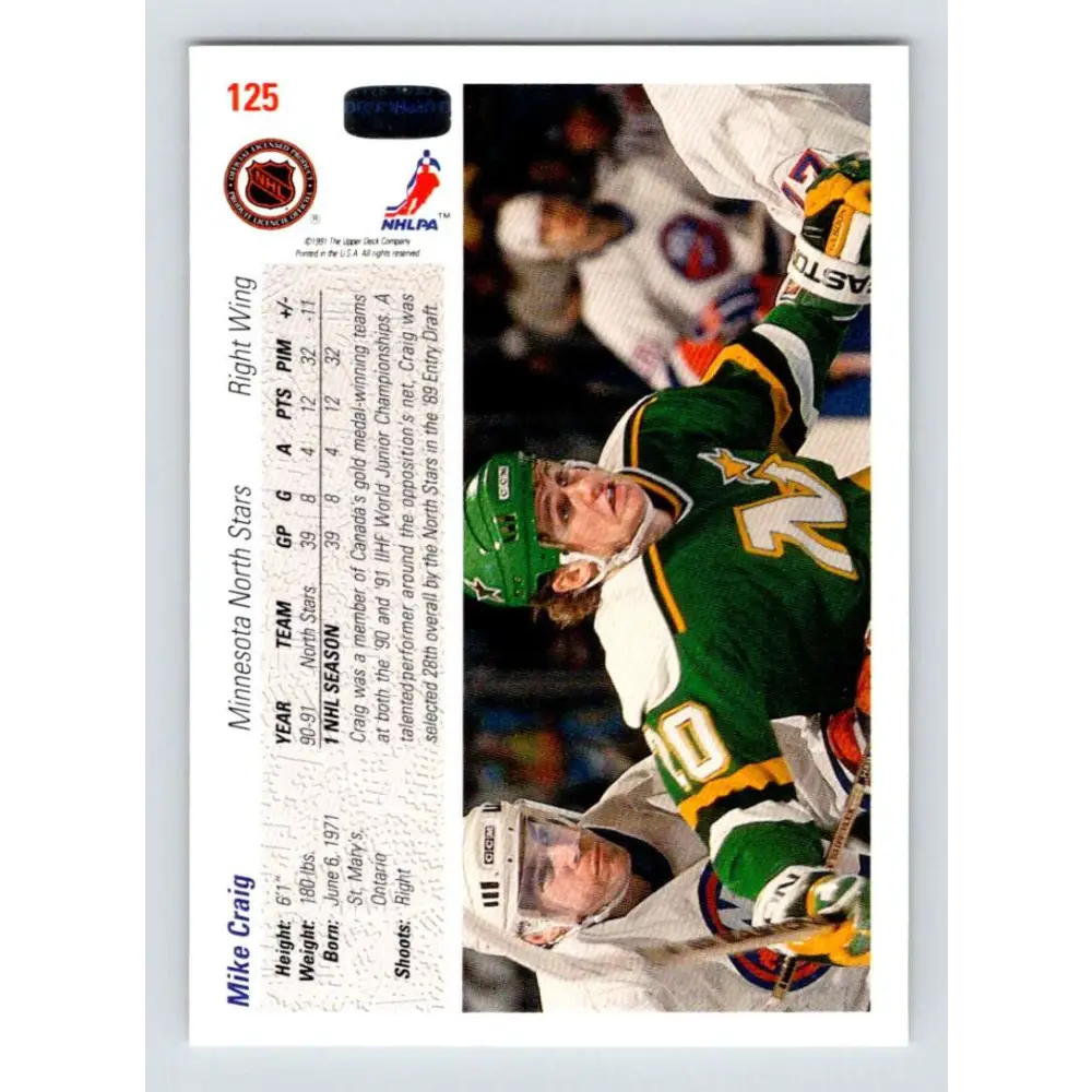 1991-92 Upper Deck #125 Mike Craig NM-MT Minnesota North Stars Hockey Card Image 2