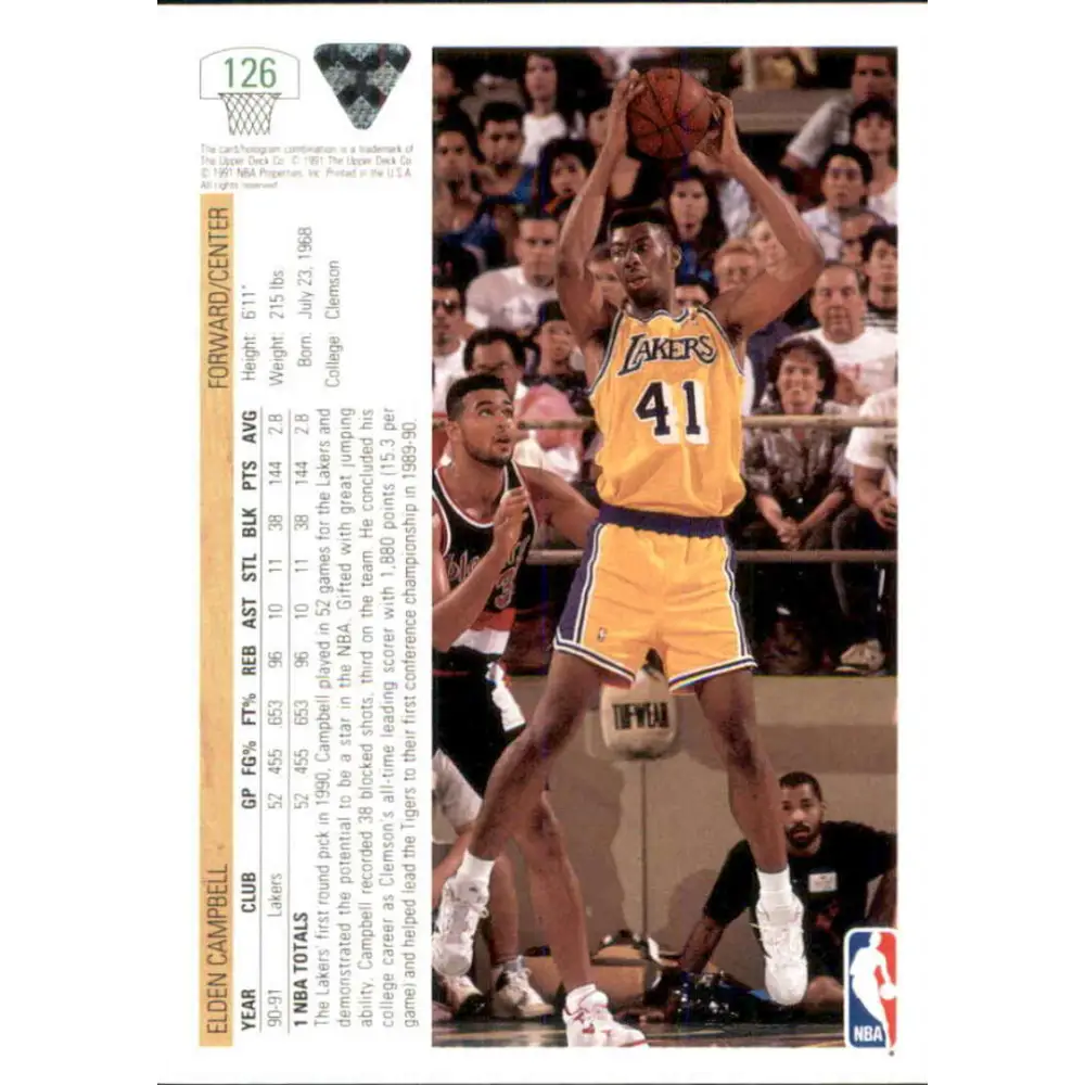 1991-92 Upper Deck #126 Elden Campbell NM-MT Los Angeles Lakers Basketball Card Image 2