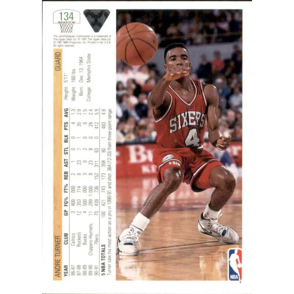 1991-92 Upper Deck #134 Andre Turner NM-MT Washington Bullets Basketball Card Image 2