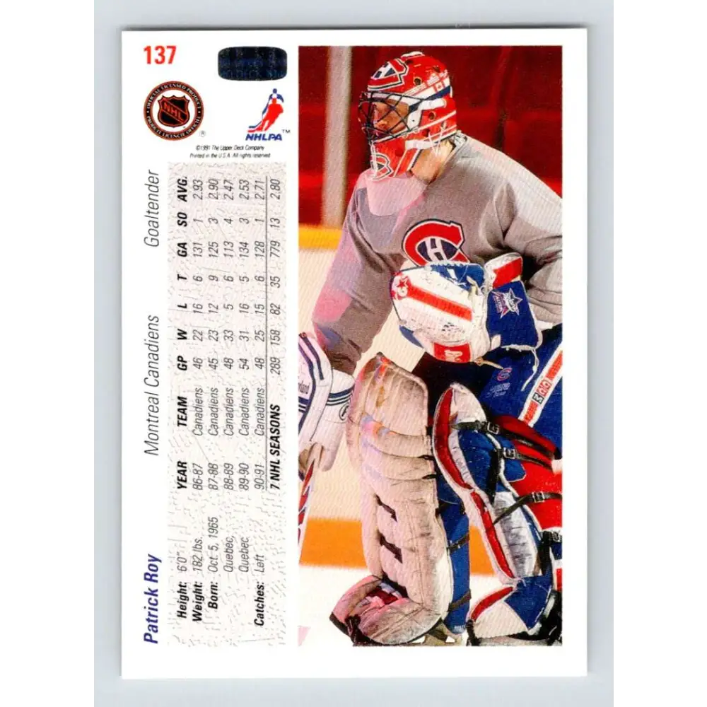 1991-92 Upper Deck #137 Patrick Roy NM-MT Hockey Card Image 2
