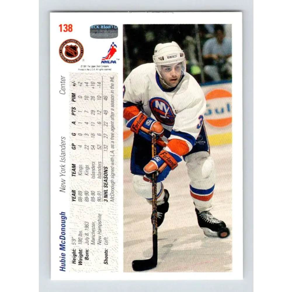 1991-92 Upper Deck #138 Hubie McDonough NM-MT New York Islanders Hockey Card Image 2