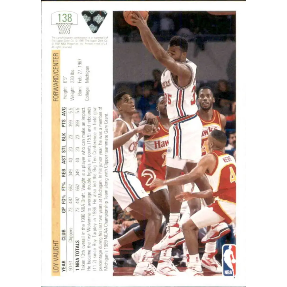 1991-92 Upper Deck #138 Loy Vaught NM-MT Los Angeles Clippers Basketball Card Image 2
