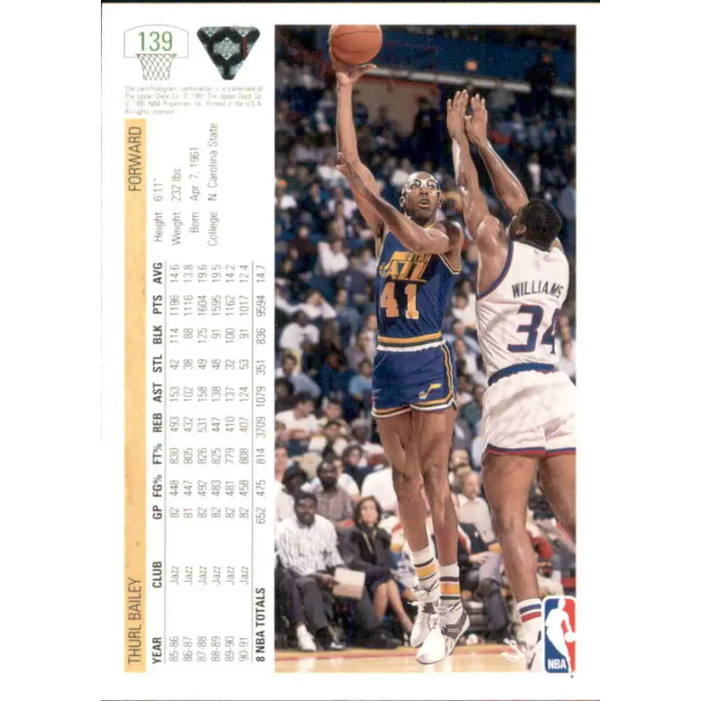 1991-92 Upper Deck #139 Thurl Bailey NM-MT Utah Jazz Basketball Card Image 2