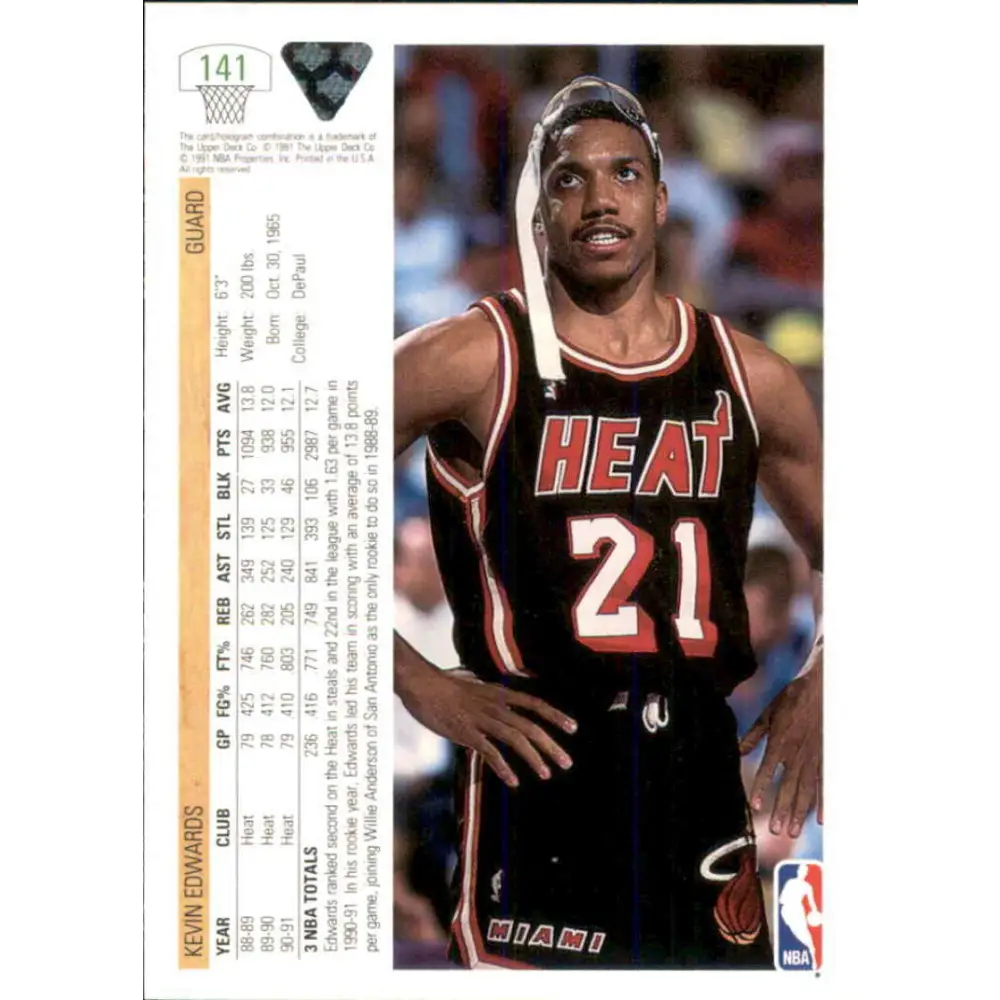 1991-92 Upper Deck #141 Kevin Edwards NM-MT Miami Heat Basketball Card Image 2