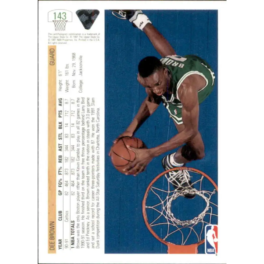 1991-92 Upper Deck #143 Dee Brown NM-MT Boston Celtics Basketball Card Image 2