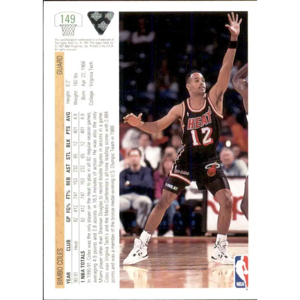 1991-92 Upper Deck #149 Bimbo Coles NM-MT Miami Heat Basketball Card Image 2