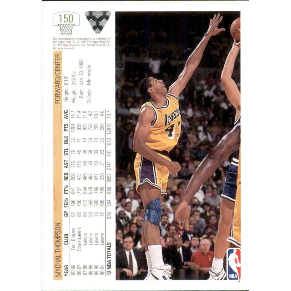 1991-92 Upper Deck #150 Mychal Thompson NM-MT Los Angeles Lakers Basketball Card Image 2