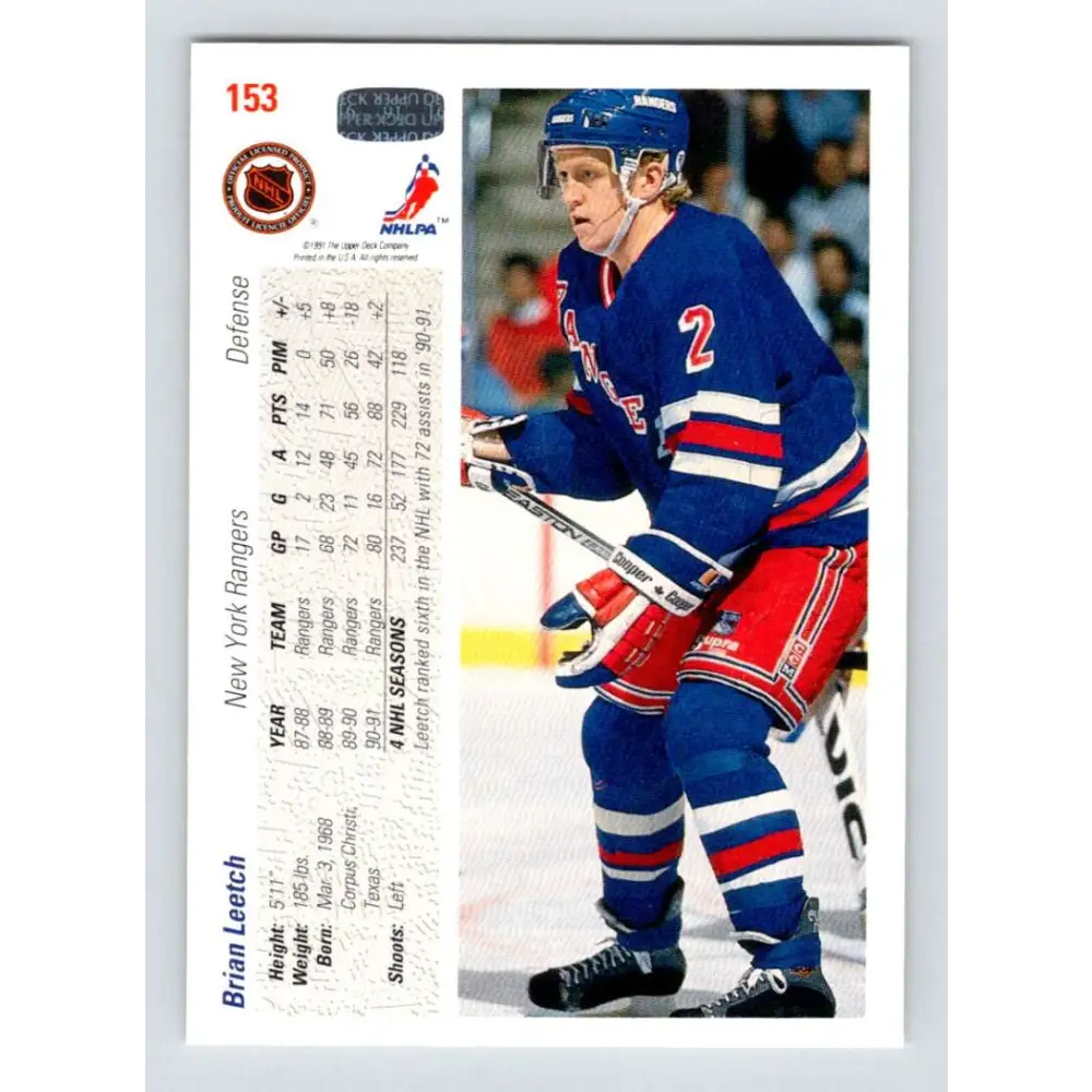 1991-92 Upper Deck #153 Brian Leetch NM-MT New York Rangers Hockey Card Image 2