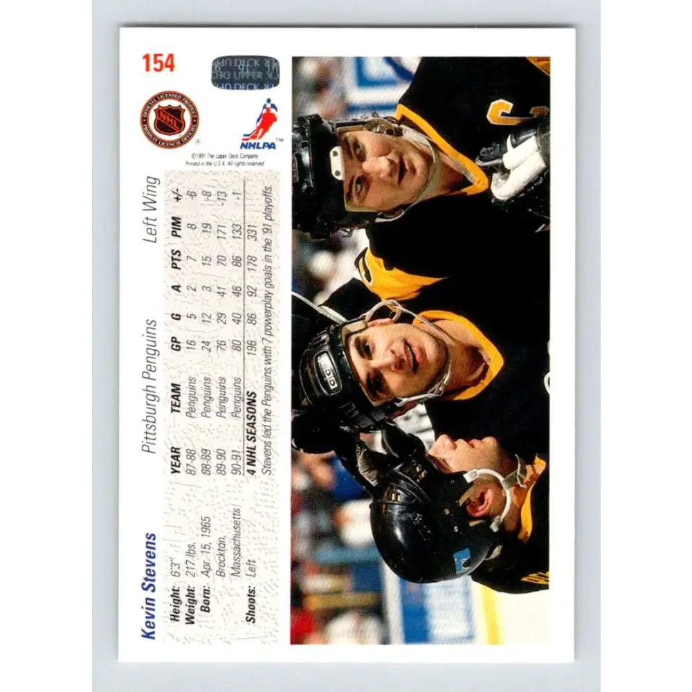 1991-92 Upper Deck #154 Kevin Stevens NM-MT Pittsburgh Penguins Hockey Card Image 2