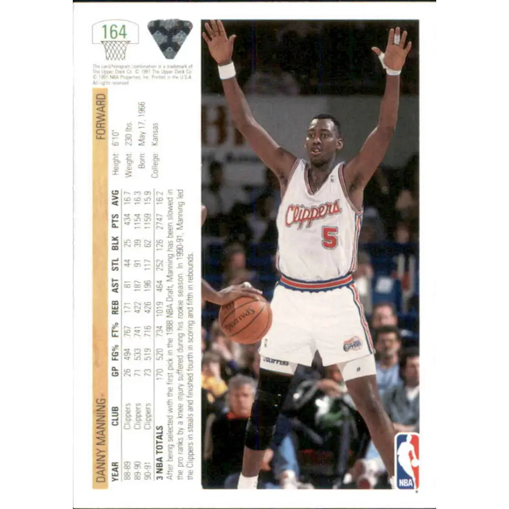 1991-92 Upper Deck #164 Danny Manning NM-MT Los Angeles Clippers Basketball Card Image 2