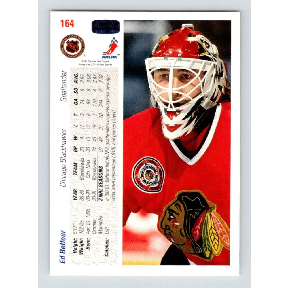 1991-92 Upper Deck #164 Ed Belfour NM-MT Chicago Blackhawks Hockey Card Image 2
