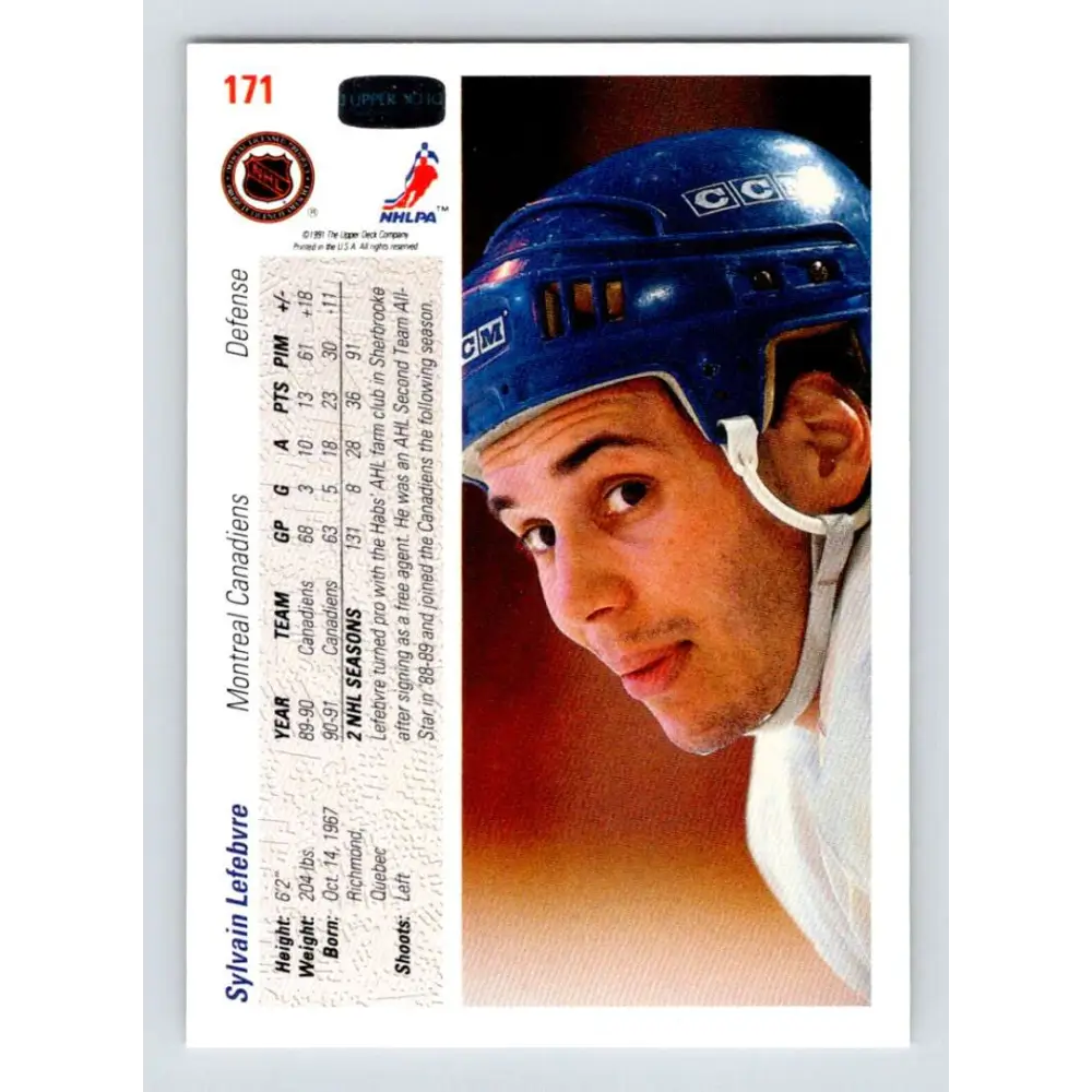 1991-92 Upper Deck #171 Sylvain Lefebvre NM-MT Montreal Canadiens Hockey Card Image 2