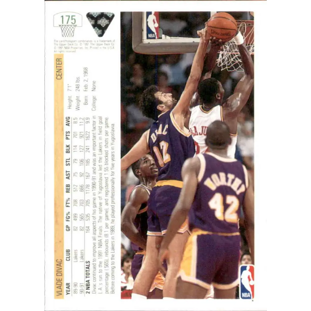 1991-92 Upper Deck #175 Vlade Divac NM-MT Los Angeles Lakers Basketball Card Image 2