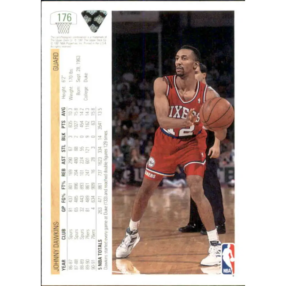 1991-92 Upper Deck #176 Johnny Dawkins NM-MT Philadelphia 76ers Basketball Card Image 2